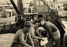 Hannah Senesh crew members in Haifa Harbor, Myron Goldstein on right, Nov 1948, photo by Zev Siegel