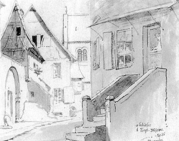 Albersweiler Synagogue, “Straßenpartie bei der Pfarrkirche in Albersweiler”, by Karl Weysser, 1885, from Wikimedia
